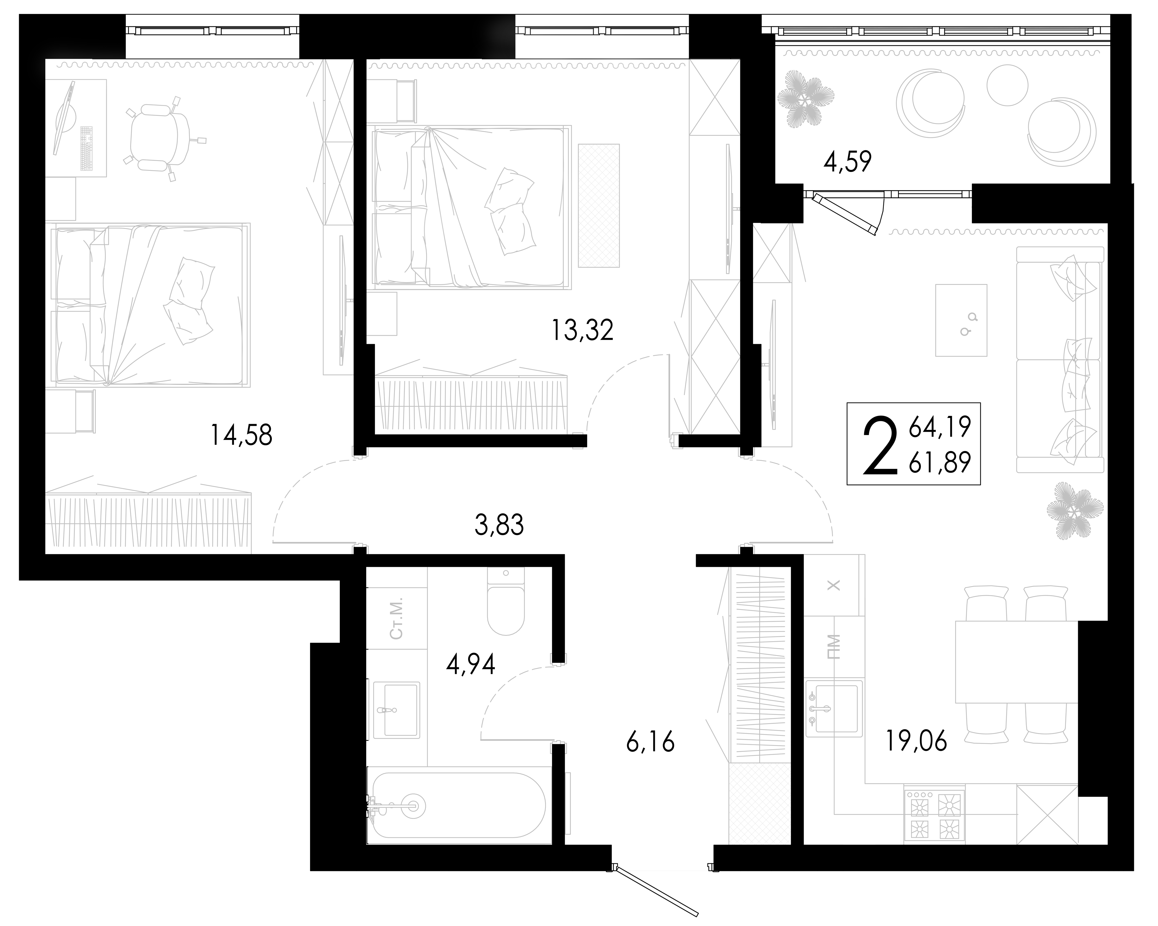 Планировка 2-комнатной квартиры №77, 64.19 м², дом Дом 4, ЖК «Цветной бульвар»
